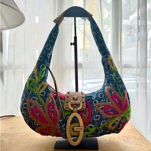 GUESS Denim Hobo Bag with Colorful Embroidery